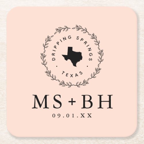 Rustic Wreath Texas Wedding Monogram  Blush Square Paper Coaster