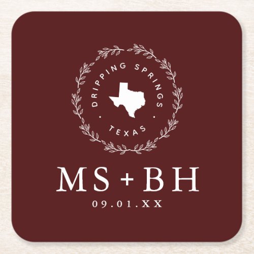 Rustic Wreath Texas Wedding Monogram  Burgundy Square Paper Coaster