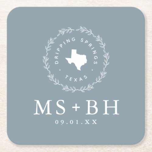 Rustic Wreath Texas Wedding Monogram  Dusty Blue Square Paper Coaster