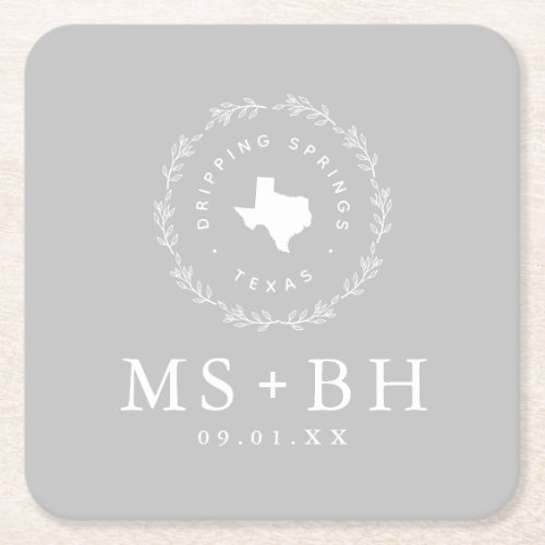 Rustic Wreath Texas Wedding Monogram  Gray Square Paper Coaster