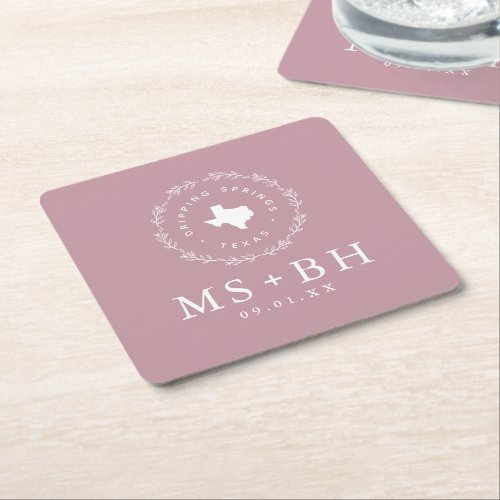 Rustic Wreath Texas Wedding Monogram  Mauve Square Paper Coaster