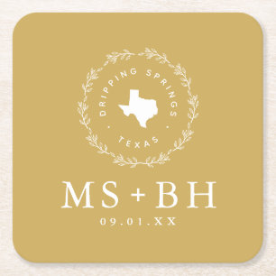 Rustic Wreath Texas Wedding Monogram Mustard Square Paper Coaster