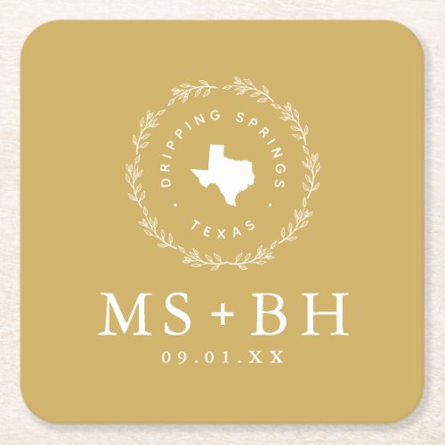 Rustic Wreath Texas Wedding Monogram  Mustard Square Paper Coaster