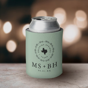 Rustic Wreath Texas Wedding Monogram Sage Can Cooler