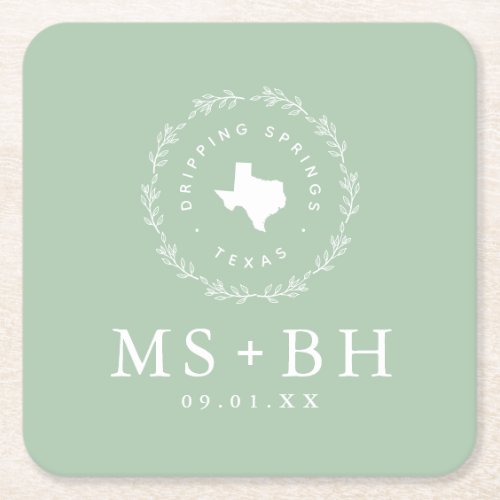Rustic Wreath Texas Wedding Monogram  Sage Square Paper Coaster