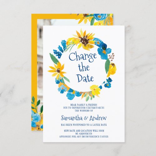 Rustic wreath watercolor change date wedding invitation