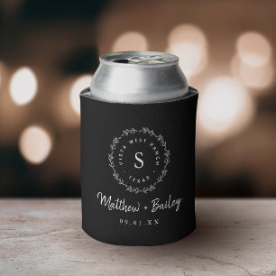 Rustic Wreath Wedding Monogram Black Can Cooler