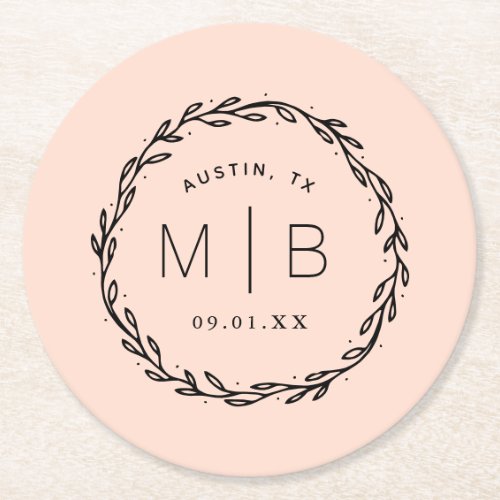 Rustic Wreath Wedding Monogram  Blush Round Paper Coaster