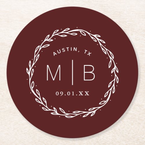 Rustic Wreath Wedding Monogram  Burgundy Round Paper Coaster