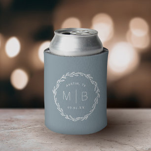 Rustic Wreath Wedding Monogram Dusty Blue Can Cooler