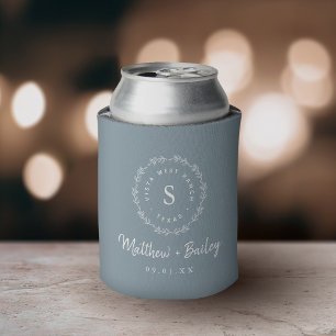 Rustic Wreath Wedding Monogram   Dusty Blue Can Cooler