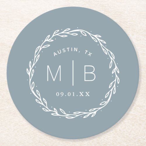 Rustic Wreath Wedding Monogram  Dusty Blue Round Paper Coaster