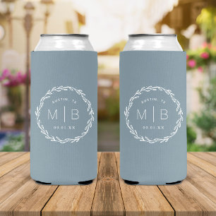 Rustic Wreath Wedding Monogram Dusty Blue Seltzer Can Cooler