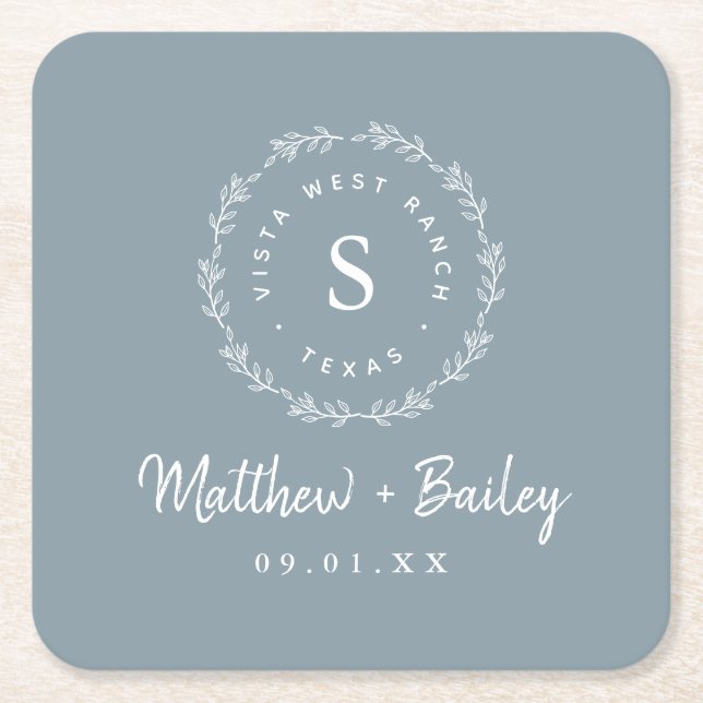 Rustic Wreath Wedding Monogram | Dusty Blue Square Paper Coaster (Front)