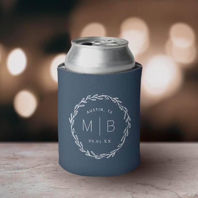 Rustic Wreath Wedding Monogram | Lake Blue Can Cooler (Creator Uploaded)