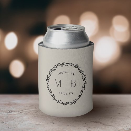 Rustic Wreath Wedding Monogram  Light Beige Can Cooler