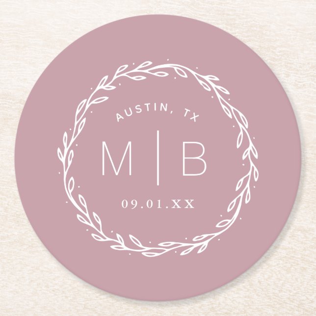 Rustic Wreath Wedding Monogram | Mauve Round Paper Coaster (Front)