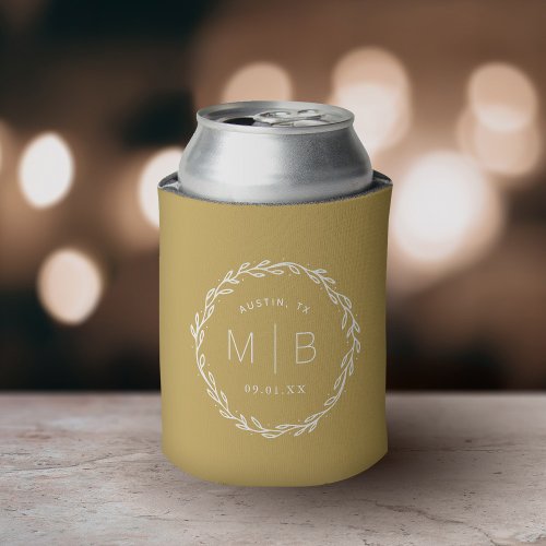 Rustic Wreath Wedding Monogram  Mustard Yellow Can Cooler