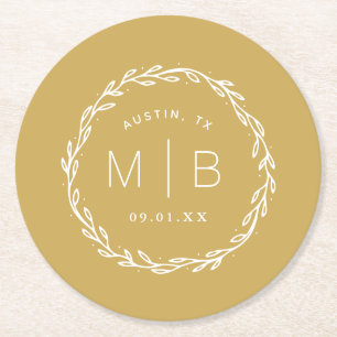 Rustic Wreath Wedding Monogram Mustard Yellow Round Paper Coaster