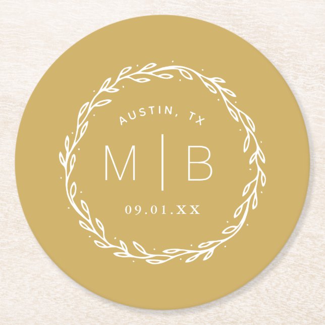 Rustic Wreath Wedding Monogram | Mustard Yellow Round Paper Coaster (Front)