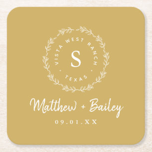 Rustic Wreath Wedding Monogram   Mustard Yellow Square Paper Coaster