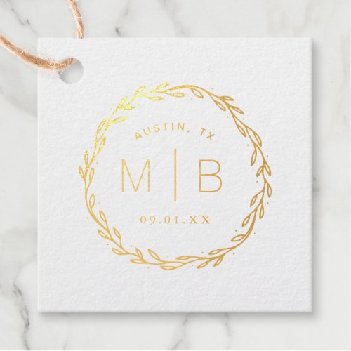 Rustic Wreath Wedding Monogram Real Gold Foil Foil Favor Tags