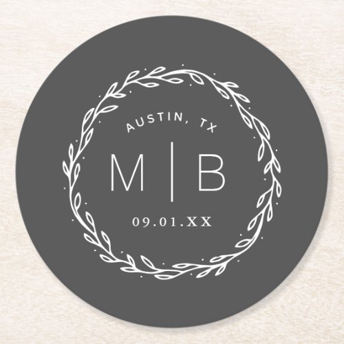 Rustic Wreath Wedding Monogram Round Paper Coaster