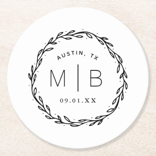 Rustic Wreath Wedding Monogram Round Paper Coaster