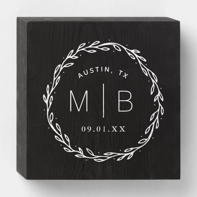 Rustic Wreath Wedding Monogram Wooden Box Sign (Front Horizontal)