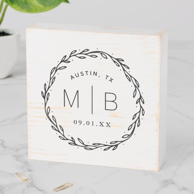 Rustic Wreath Wedding Monogram Wooden Box Sign (In Situ Horizontal)