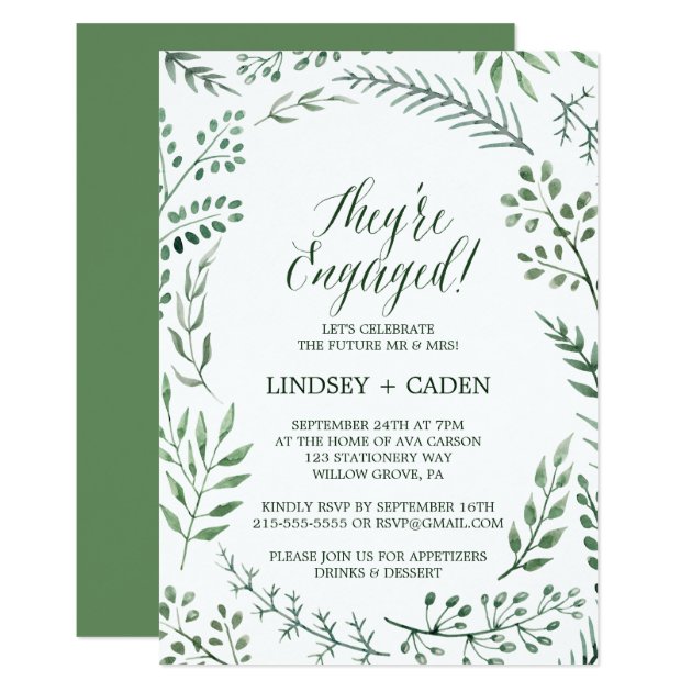 Rustic Wreath With Green Leaves Engagement Party Invitation
