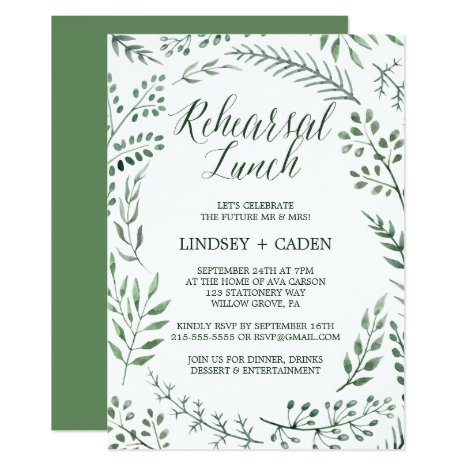 Rustic Wreath with Green Leaves Rehearsal Lunch Invitation