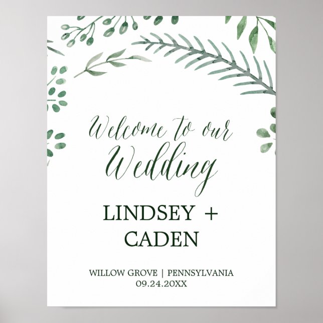 Rustic Wreath with Green Leaves Wedding Welcome Poster (Front)