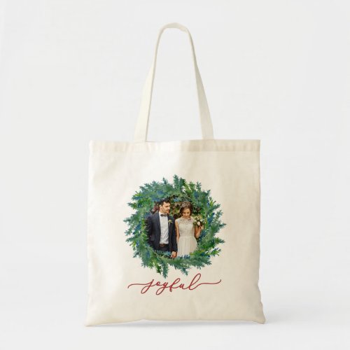 Rustic Wreath with Joyful Script and Photo Holiday Tote Bag