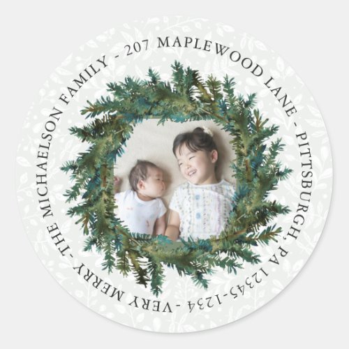 Rustic Wreath with Photo and Return Address Classic Round Sticker