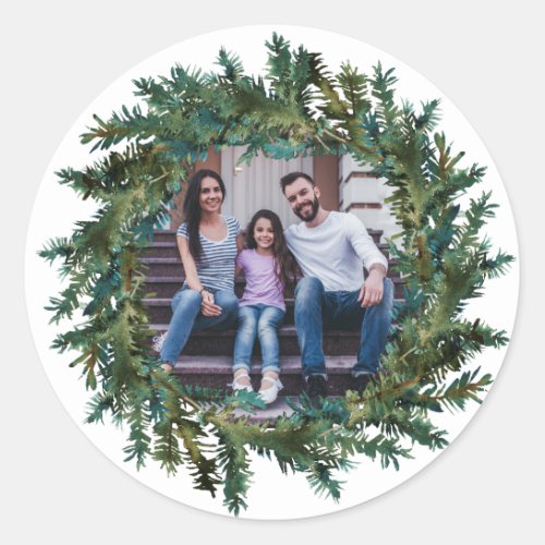 Rustic Wreath with Photo Christmas Classic Round Sticker