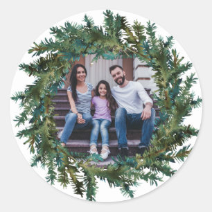 Rustic Wreath with Photo Christmas Classic Round Sticker