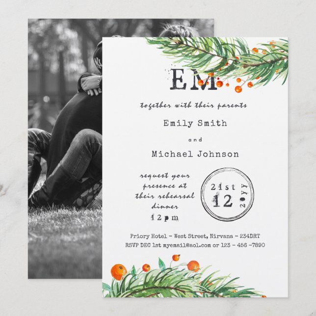 Rustic Xmas Rehearsal Dinner Invites ADD PHOTO (Front/Back)