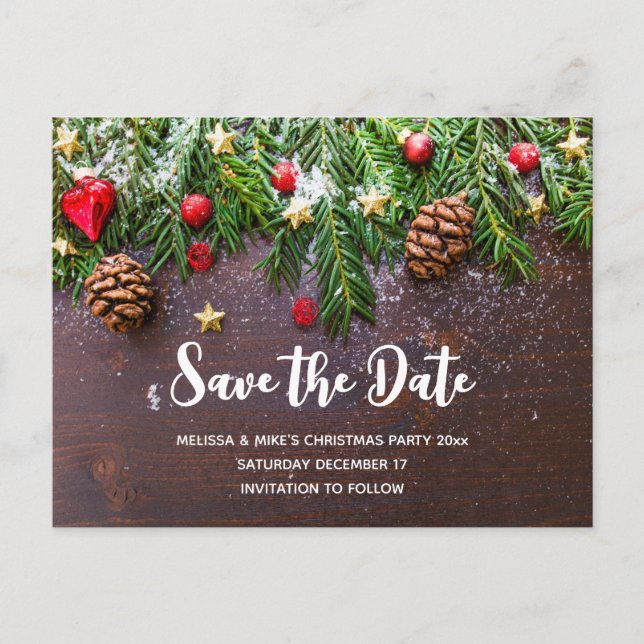 Rustic Xmas Table with Pine & Snow Save the Date Invitation Postcard (Front)