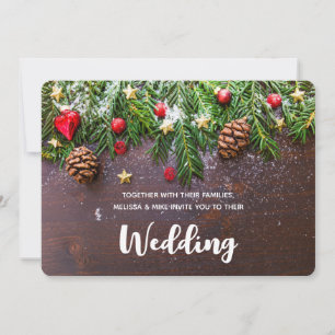 Rustic Xmas Table with Pine & Snow Wedding Invitation