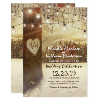 Rustic Xmas Winter Tree Twinkle Lights Wedding Invitation