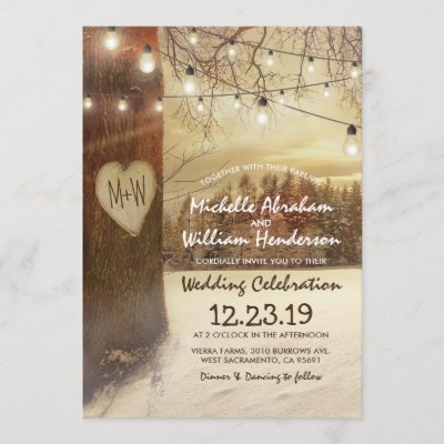 Rustic Xmas Winter Tree Twinkle Lights Wedding Invitation