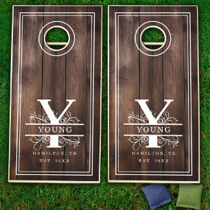 Rustic Y Initial Monogram Family Name Wood Cornhole Set