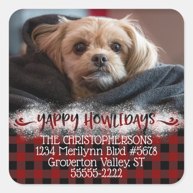 Rustic YAPPY HOLIDAYS Dog Photo Return Address Square Sticker (Front)