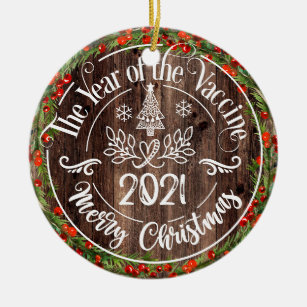 Ceramic Round Ornament & Ribbon Quarantine Keepsake Christmas Gift 2021 Vaccinated COVID Christmas Ornament with Virus Cell