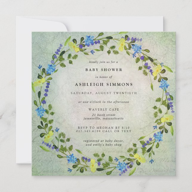 Rustic Yellow and Blue Floral Baby Shower Invitation (Front)