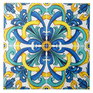 Rustic Yellow And Blue Mediterranean Ceramic Tile