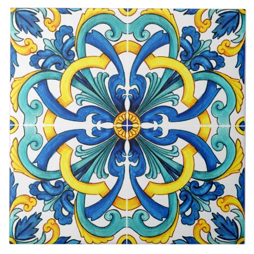 Rustic Yellow And Blue Mediterranean Ceramic Tile