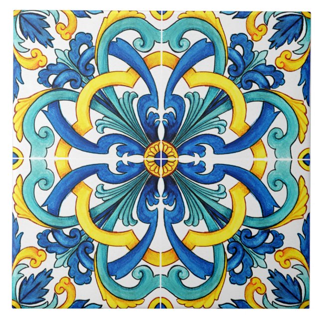 Rustic Yellow And Blue Mediterranean Ceramic Tile (Front)