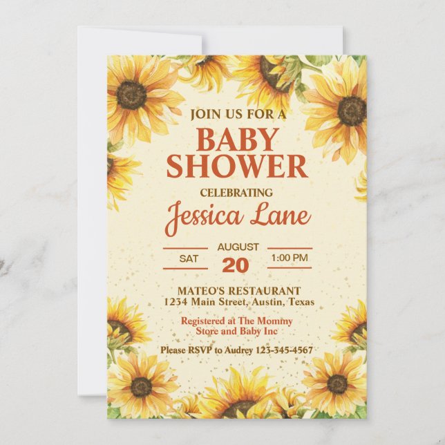 Rustic Yellow and Brown Sunflower Baby Shower Invitation (Front)